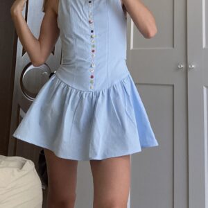 Blue dress with colorful button details