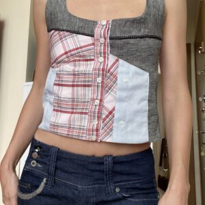 Plaid patterned, buttoned patchwork top